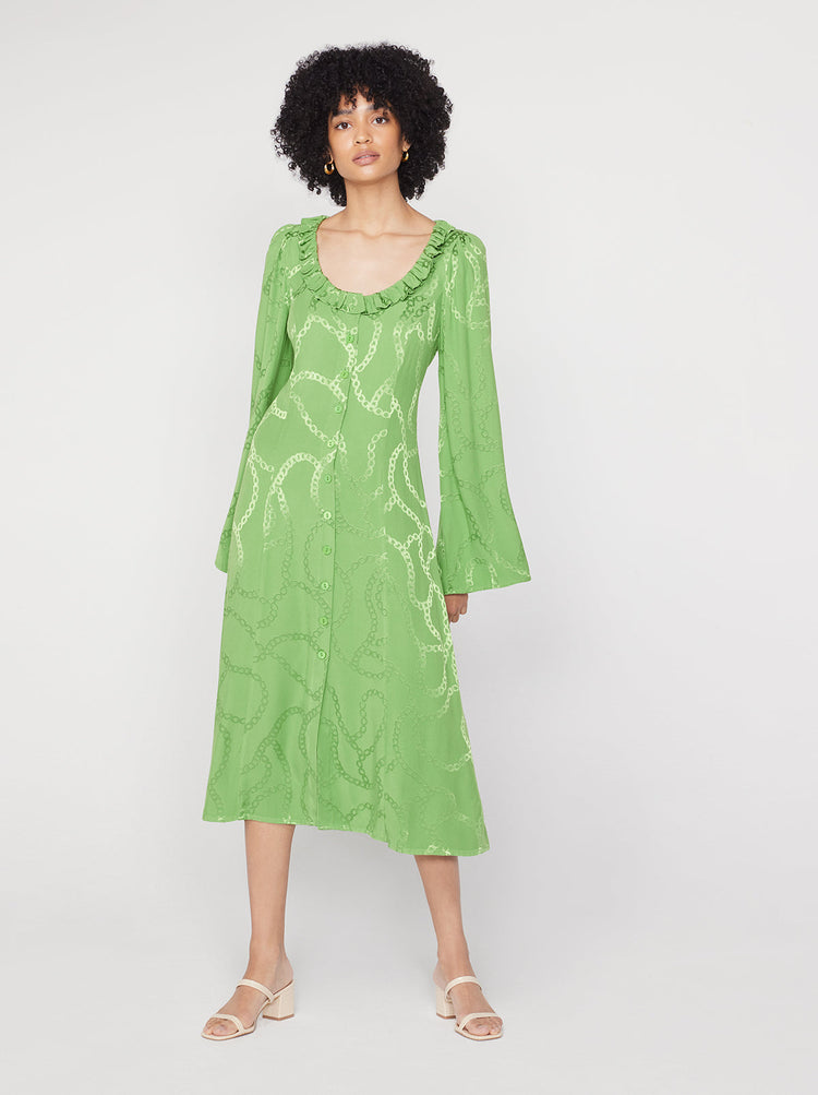 Flora Green Chain Jacquard Midi Dress