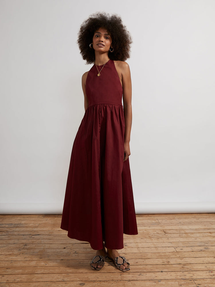 Freya Burgundy Halter Neck Maxi Dress By KITRI Studio