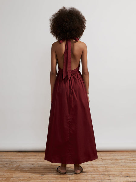 Freya Burgundy Halter Neck Maxi Dress | KITRI Studio