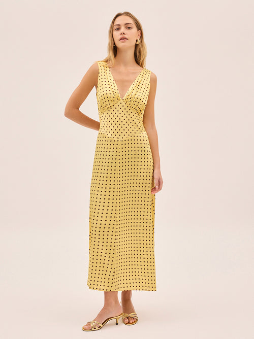 Gaia Yellow Pin Dot Print Dress By KITRI Studio