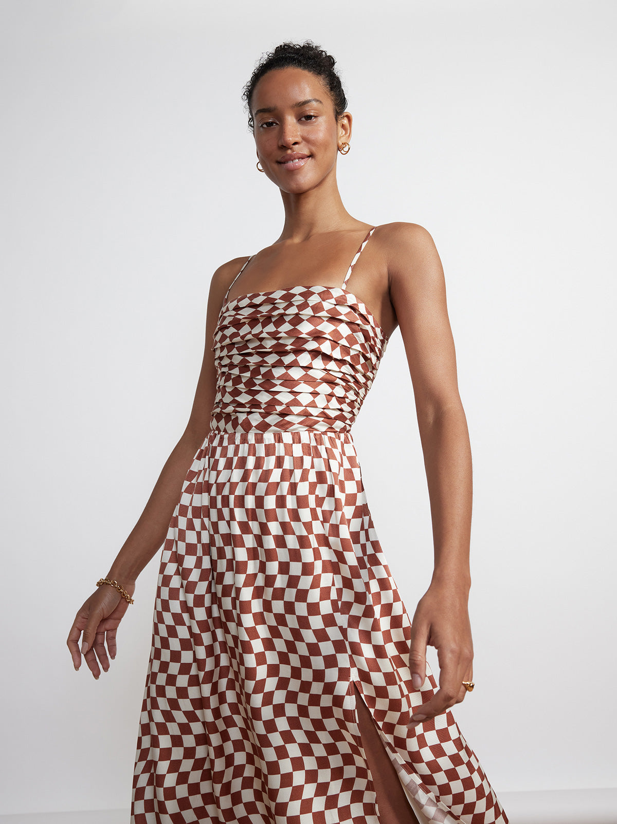 Genevieve Brown Wavy Checker Midi Dress By KITRI Studio