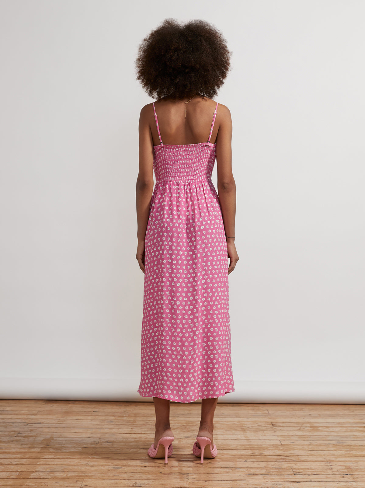 Genevieve Pink Ditsy Floral Midi Dress by KITRI Studio