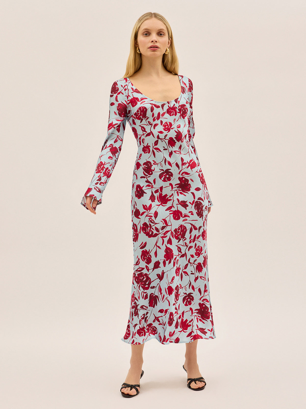 blue dress with red roses Hearts and Roses Festive Vintage Dress "Elowen Floral Swing Dress" in Blue Vintage Vogue