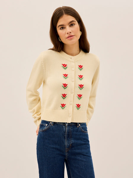 ［正規品］Flower knit set up ivory Luxury ivory sweater with embroidered flowers by SUPERTANYA