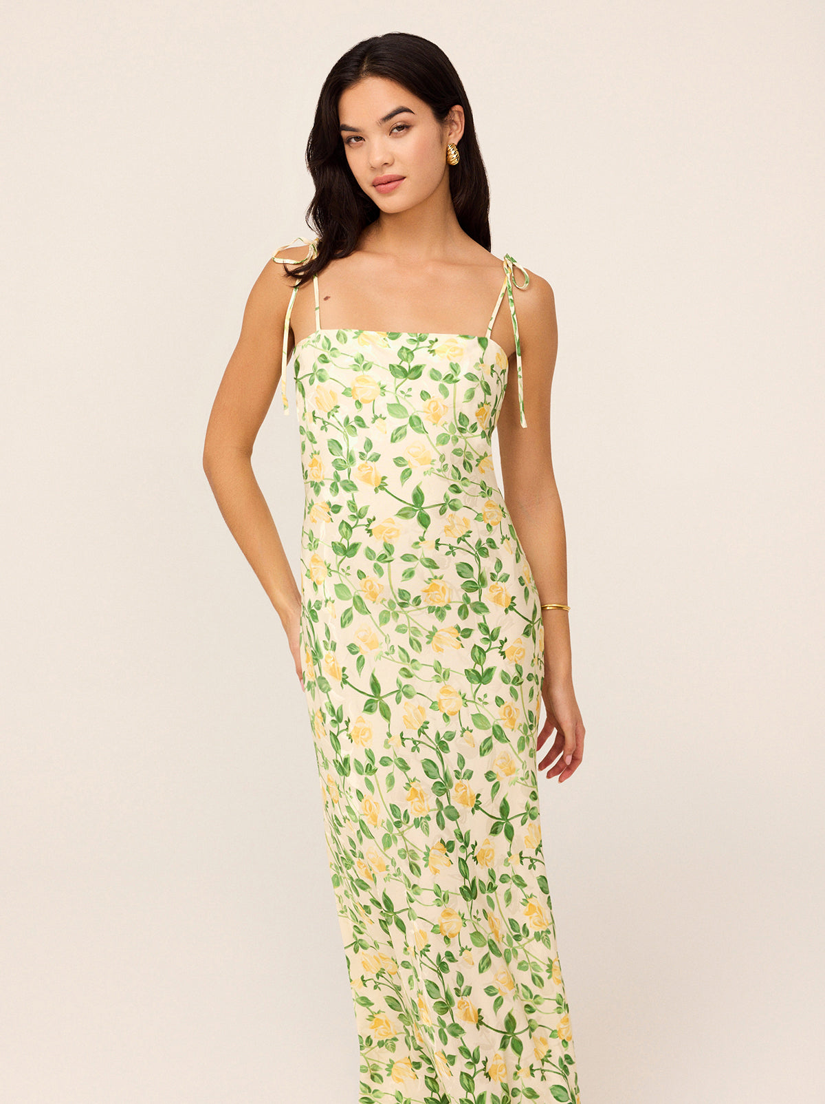 Giulia Yellow Rose Printed Jacquard Tie Shoulder Maxi Dress By KITRI Studio