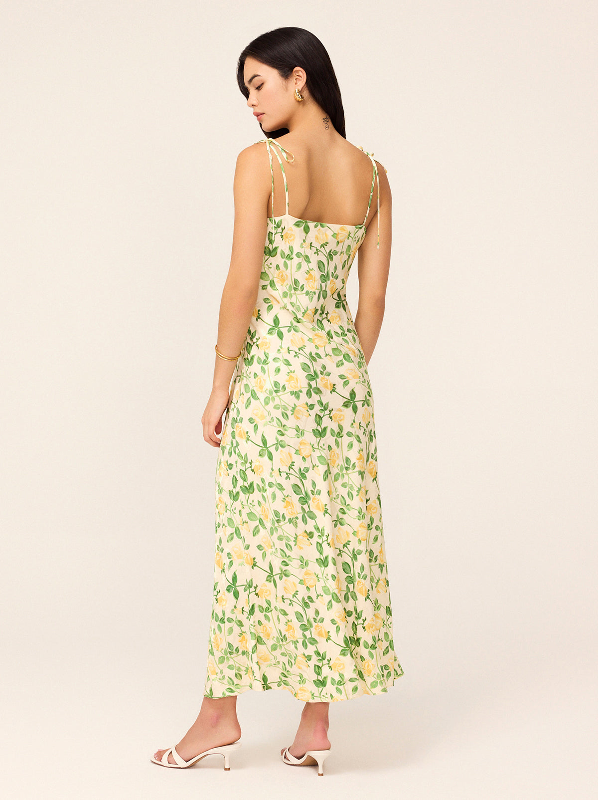 Giulia Yellow Rose Printed Jacquard Tie Shoulder Maxi Dress By KITRI Studio