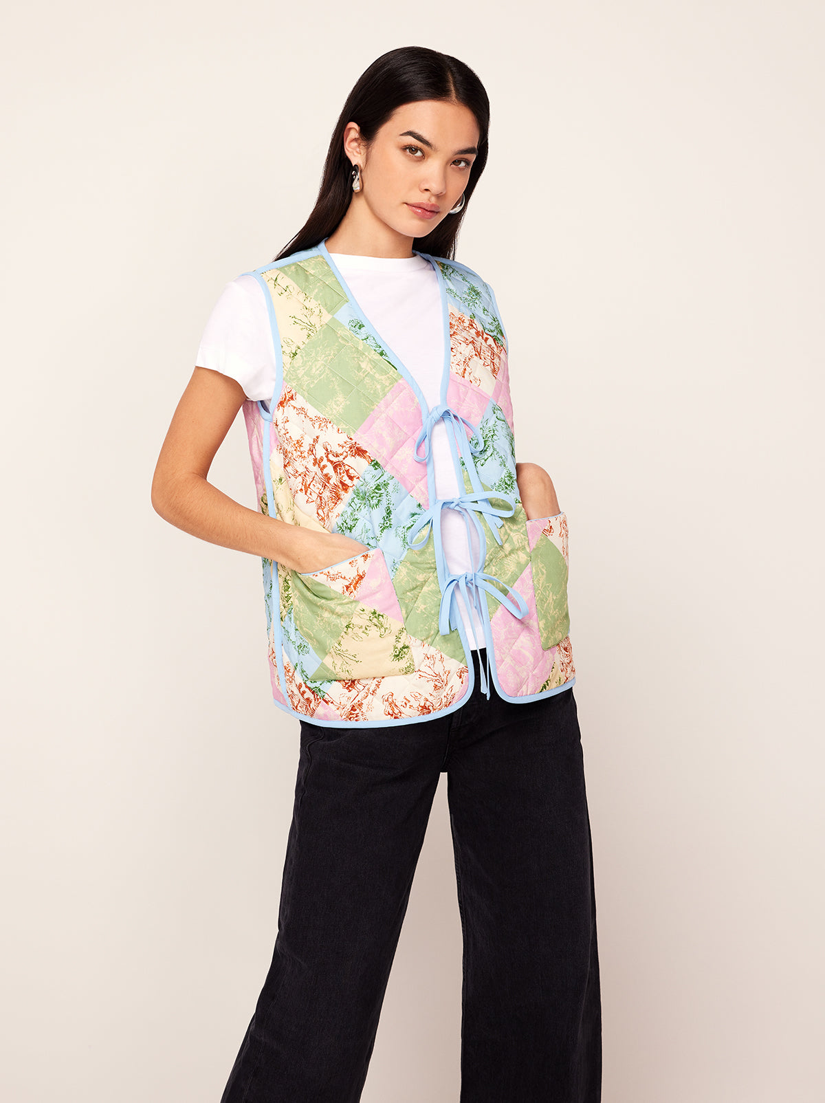 Gladys Patched Toile De Jouy Reversible Quilted Gilet By KITRI Studio