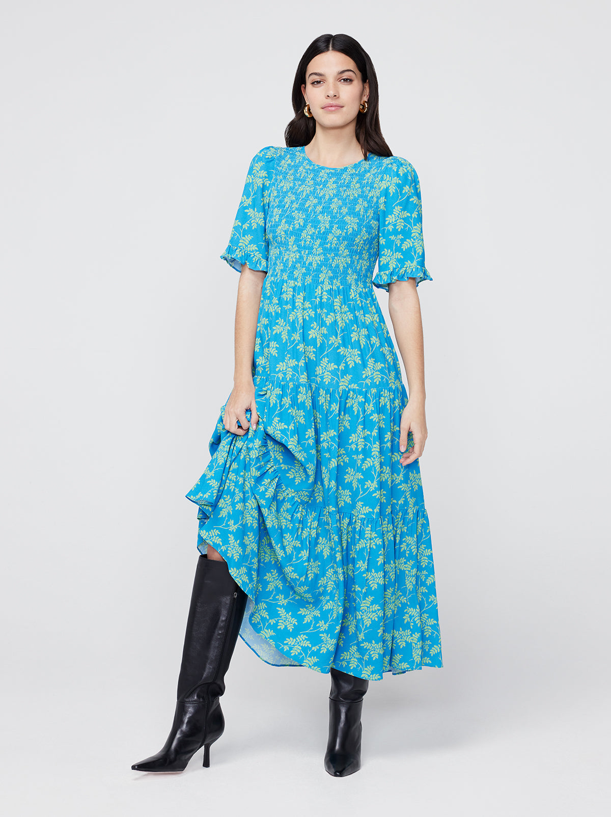 Gracie Blue Vintage Leaf Print Shirred Dress By KITRI Studio