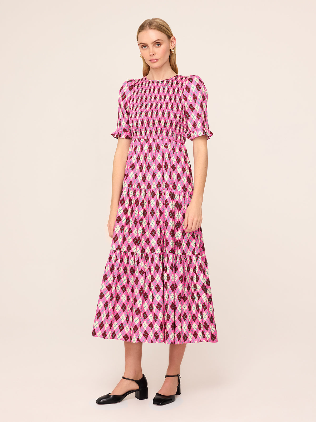Gracie Pink Argyle Print Shirred Dress By KITRI Studio