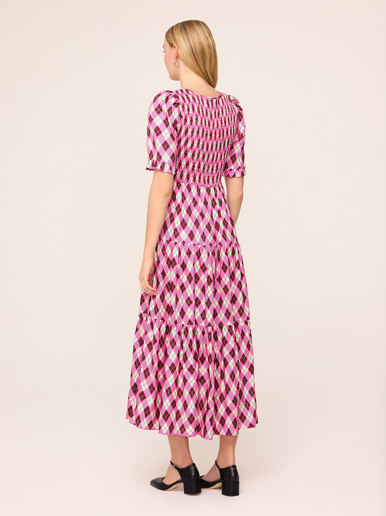 Gracie Pink Argyle Print Shirred Dress By KITRI Studio