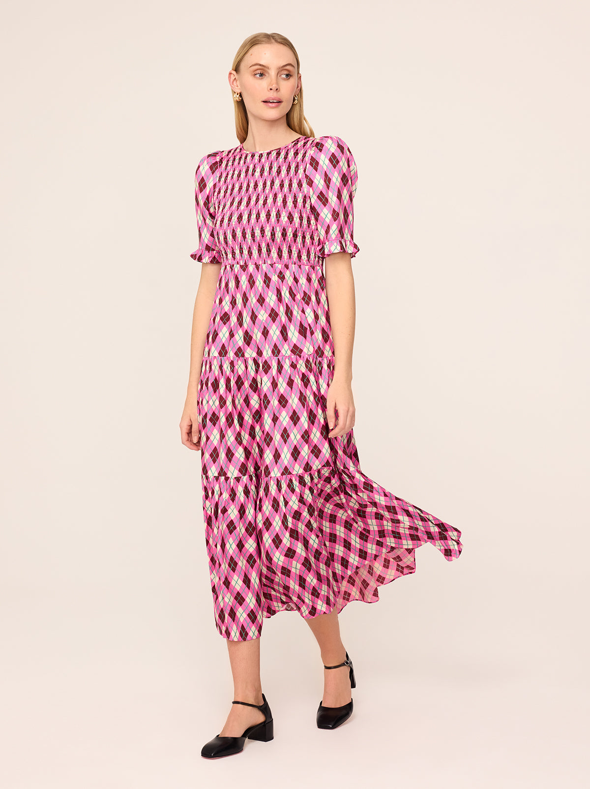 Gracie Pink Argyle Print Shirred Dress By KITRI Studio