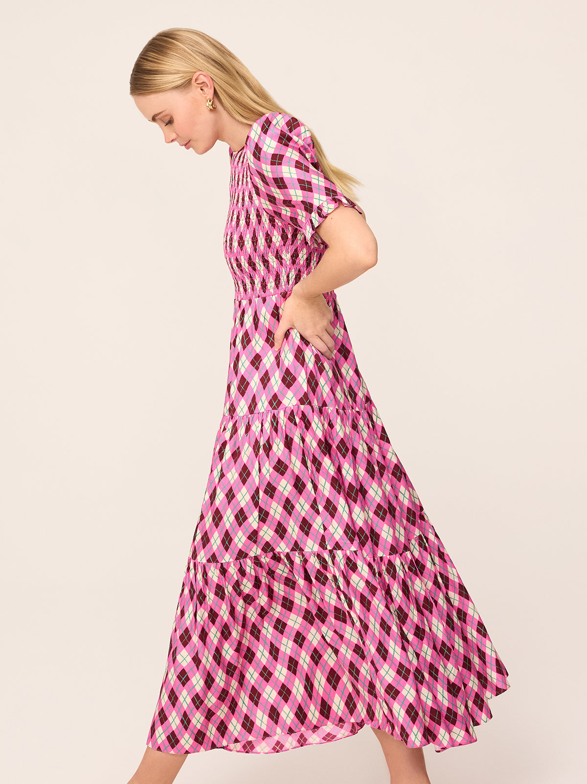 Gracie Pink Argyle Print Shirred Dress By KITRI Studio