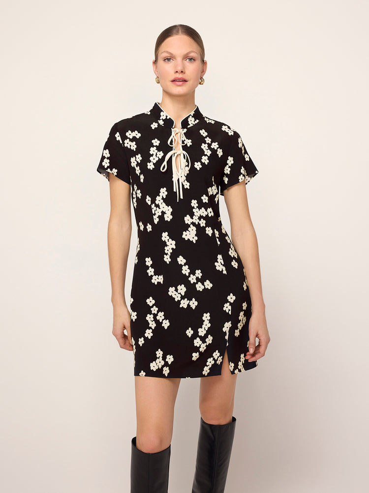 Gretchen Black Blurred Floral Print Mini Dress - Gretchen is a mini dress in a versatile Black Blurred Floral print with a Cheongsam-inspired collar and double tie closure. A twist on our best-selling Harlow dress.