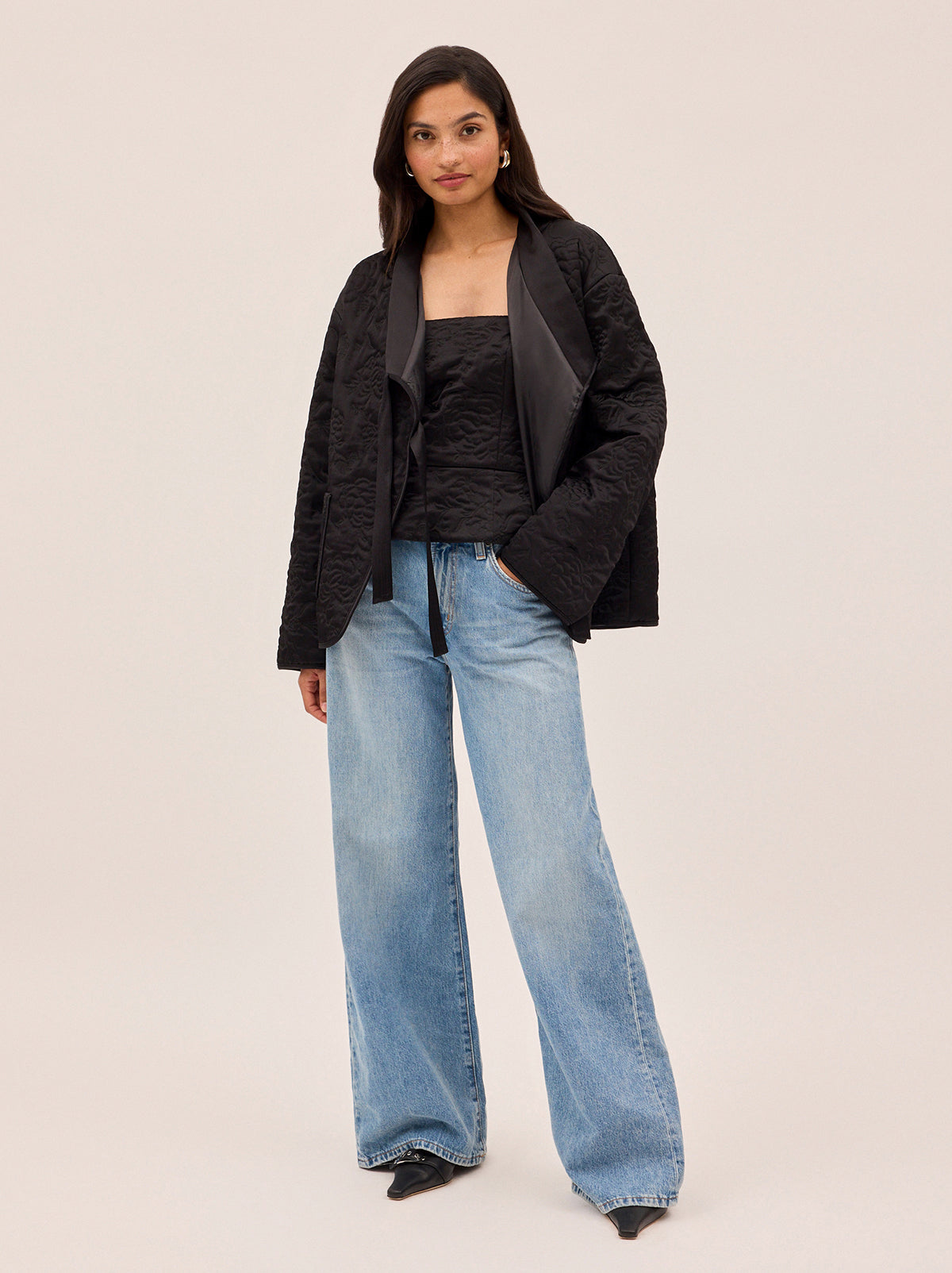 Hani Black Quilted Satin Jacket By KITRI Studio