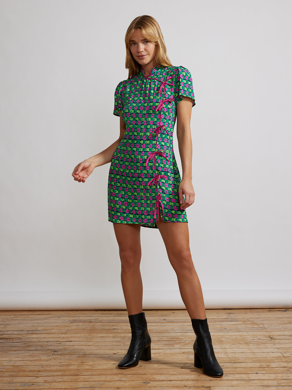 Harlow Green Linear Floral Mini Dress By KITRI Studio