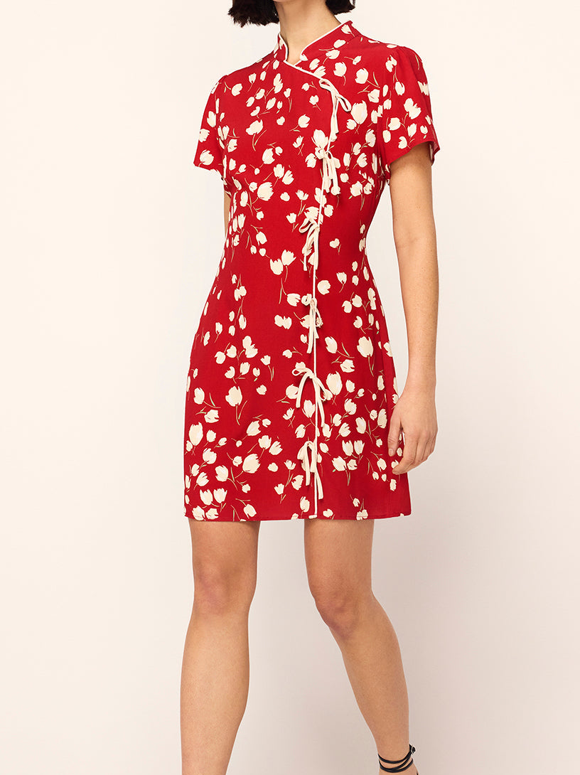 Harlow Red Scattered Tulip Print Mini Dress By KITRI Studio