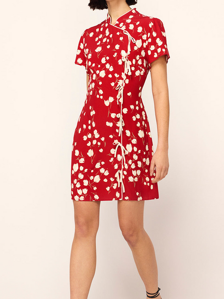 Harlow Red Scattered Tulip Print Mini Dress