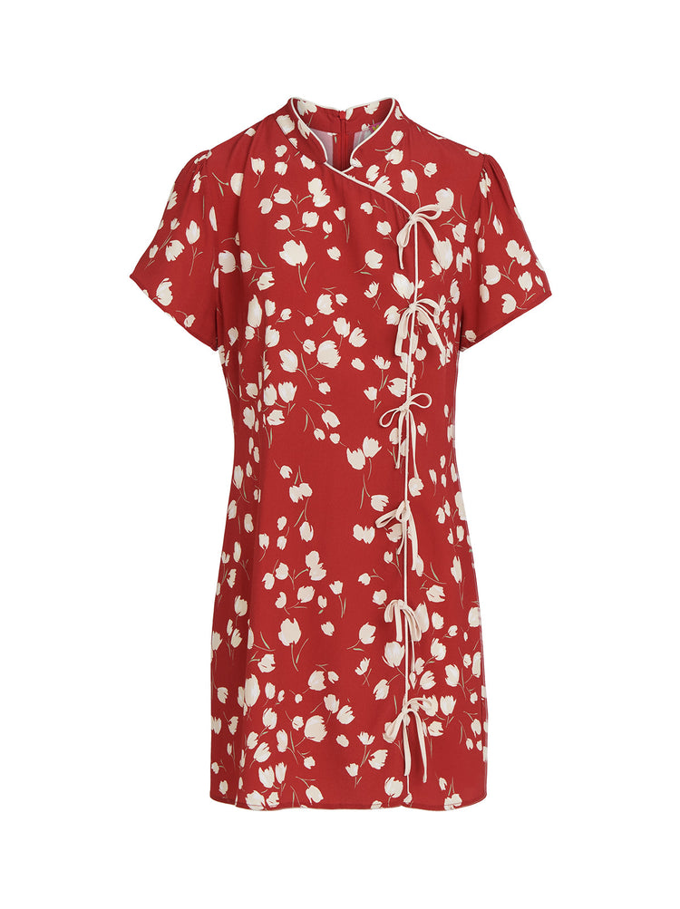 Harlow Red Scattered Tulip Print Mini Dress - Harlow is a Cheongsam-inspired mini dress cut from our Ecovero Viscose blend. Her in-house designed Scattered Tulip print in salsa red with co-ordinating tie details.