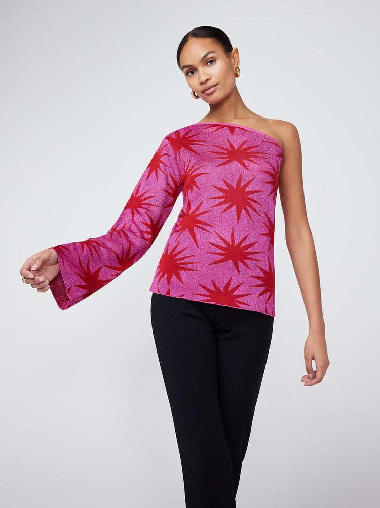 Harper Pink Star Lurex Knit One Shoulder Top By KITRI Studio