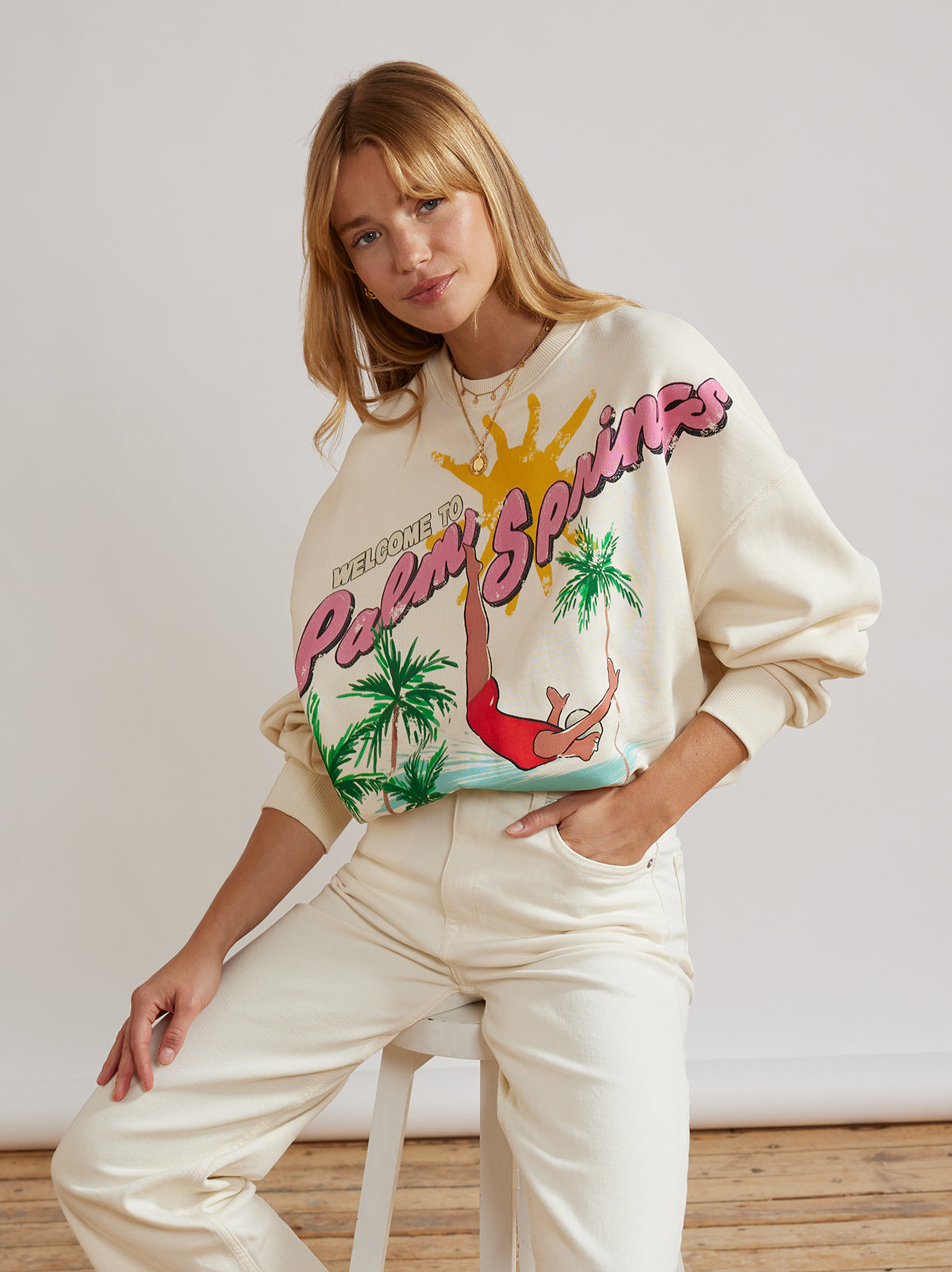 Hayden Ivory Palm Springs Print Sweatshirt By KITRI Studio