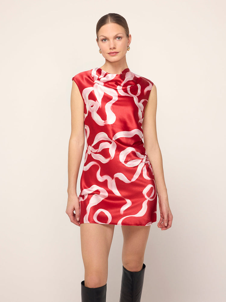 Hessa Red Ribbon Print Mini Dress - Hessa is a playful mini dress featuring a chic high cowl neck and grown-on cap sleeve with flattering, asymmetric ruching at the waist for the most flattering fit. Her ballet-inspired ribbon print in KITRI favourite red and pink will live on in your wardrobe season after season. 