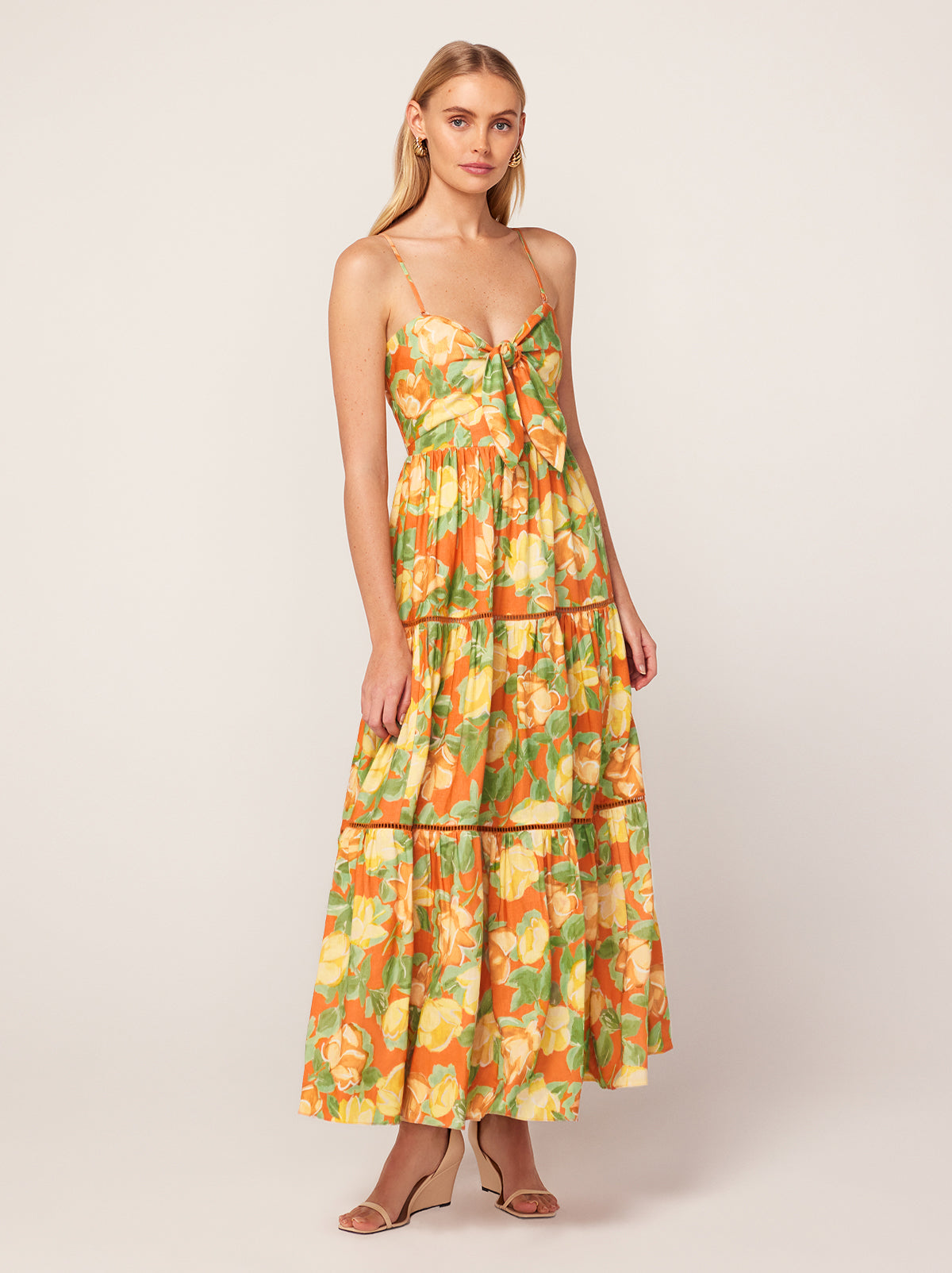 Immy Apricot Painted Floral Print Midi Dress By KITRI Studio