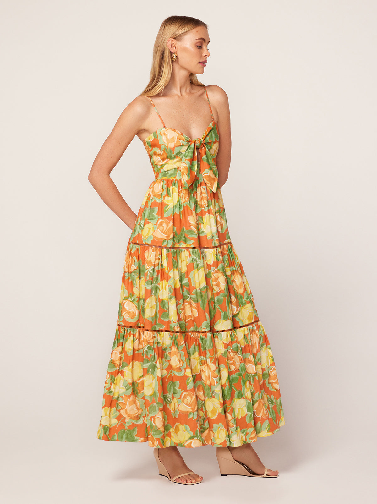 Immy Apricot Painted Floral Print Midi Dress By KITRI Studio