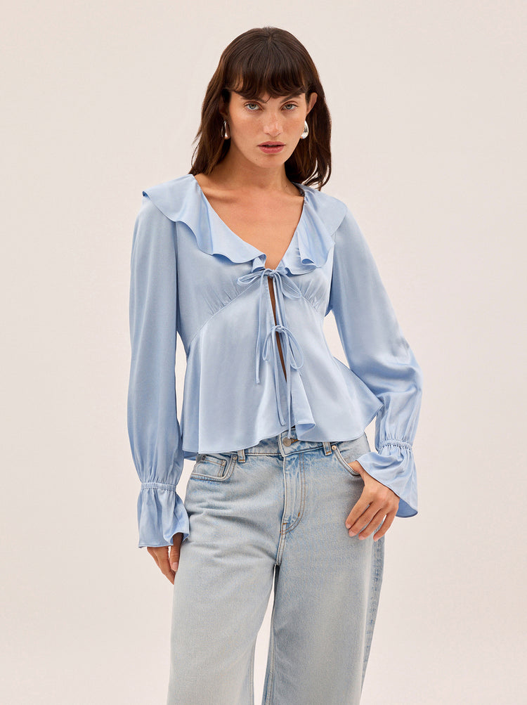 Ione Powder Blue Satin Top By KITRI Studio