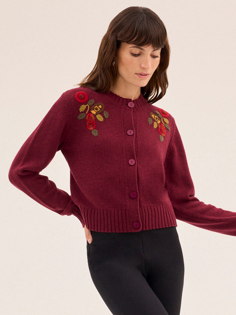 Isla Burgundy Hand-Embroidered Cardigan By KITRI Studio