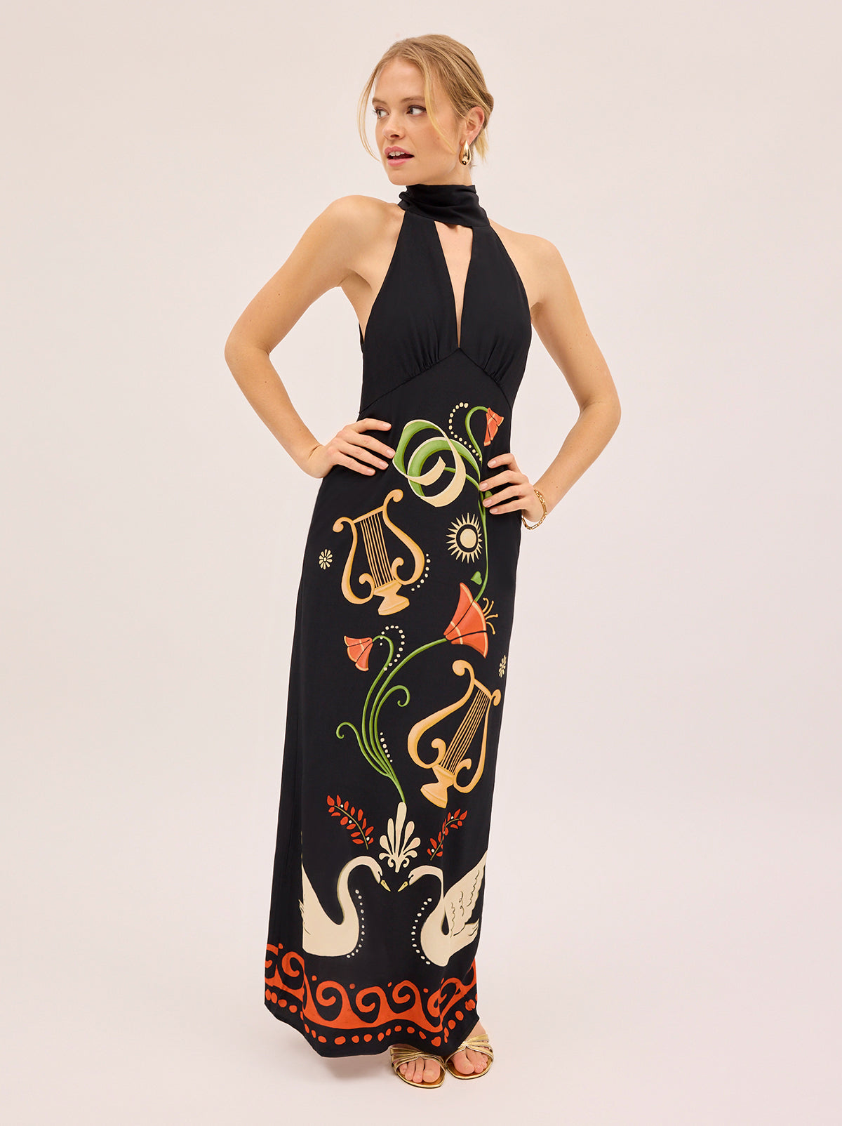 Jacquetta Black Cygnus And Lyra Print Halterneck Maxi Dress By KITRI Studio