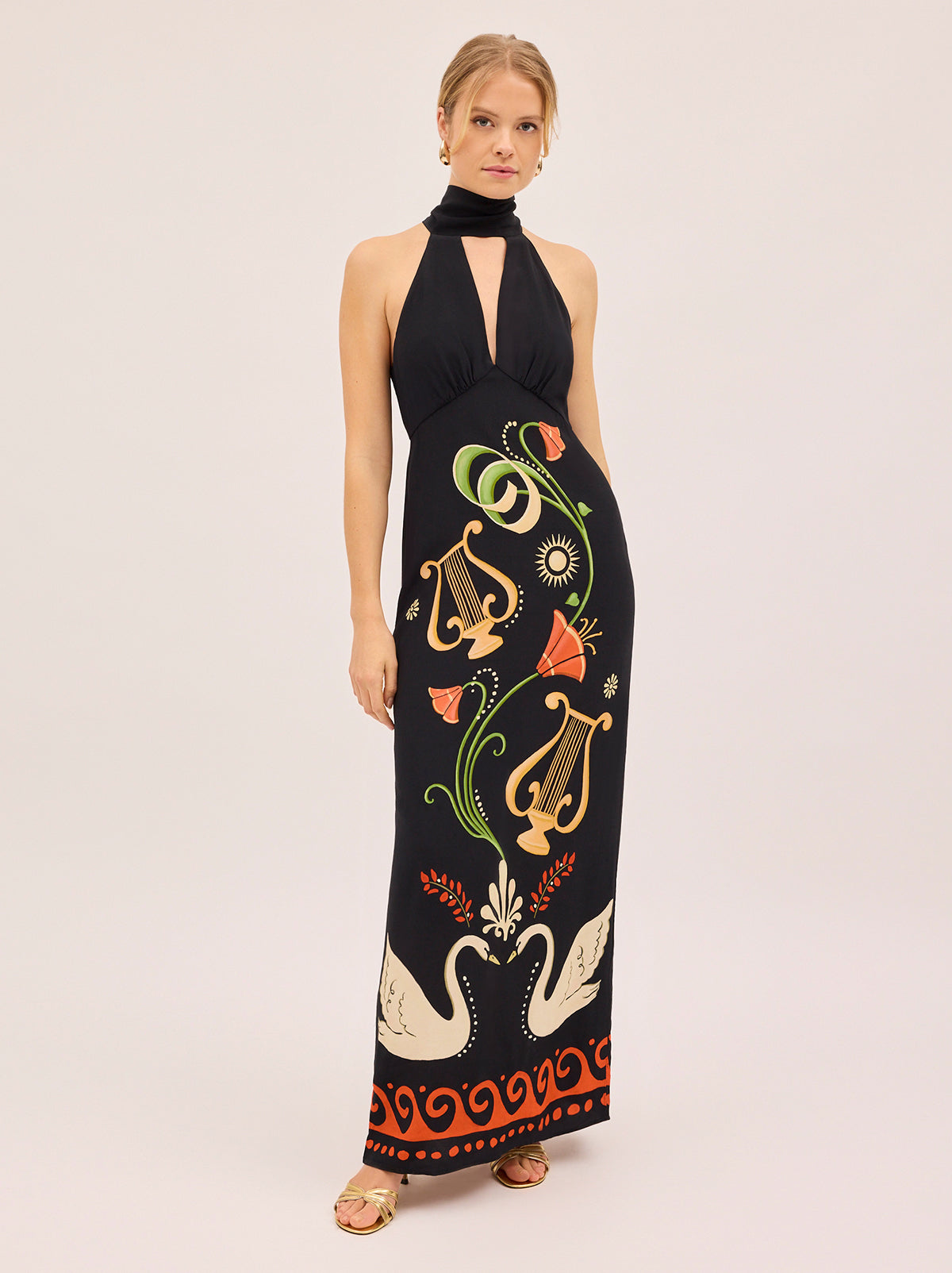 Jacquetta Black Cygnus And Lyra Print Halterneck Maxi Dress By KITRI Studio