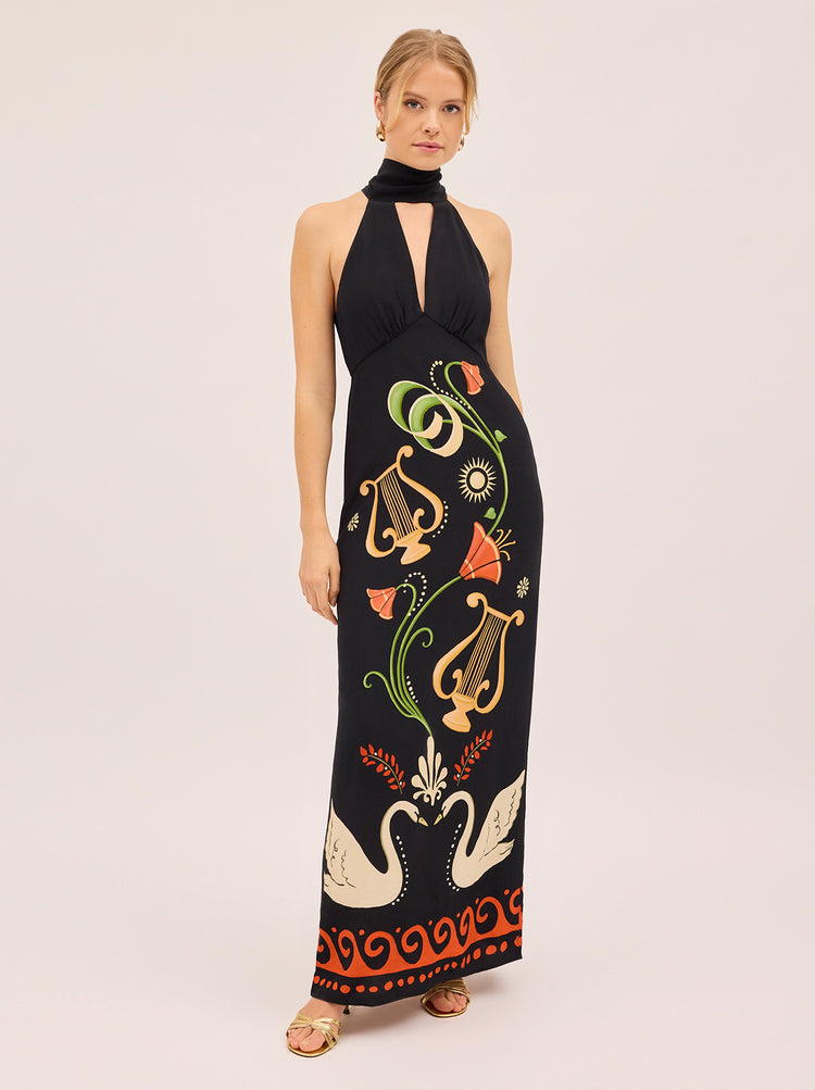 Jacquetta Black Cygnus And Lyra Print Halterneck Maxi Dress By KITRI Studio