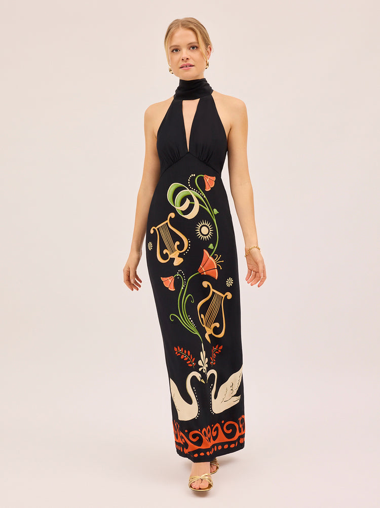 Jacquetta Black Cygnus And Lyra Print Halterneck Maxi Dress By KITRI Studio