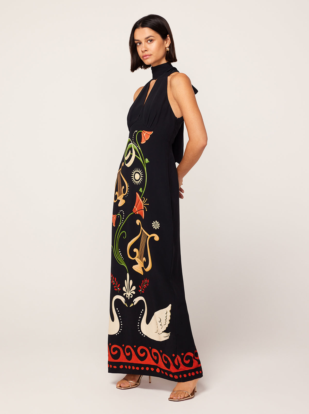 Jacquetta Black Cygnus And Lyra Print Halterneck Maxi Dress By KITRI Studio
