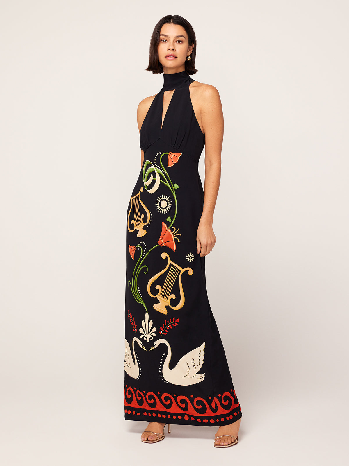 Jacquetta Black Cygnus And Lyra Print Halterneck Maxi Dress By KITRI Studio