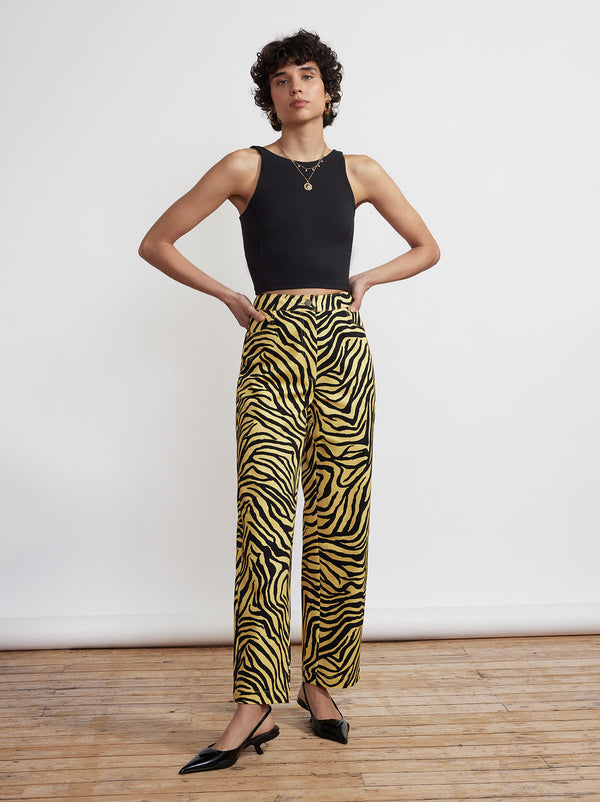 Janice Yellow Zebra Print Cotton Twill Trousers by KITRI Studio