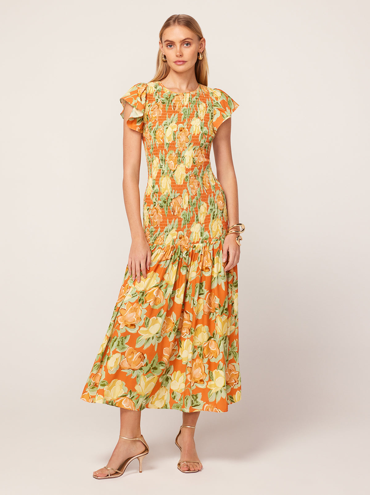 Jemima Apricot Painted Floral Print Shirred Maxi Dress By KITRI Studio