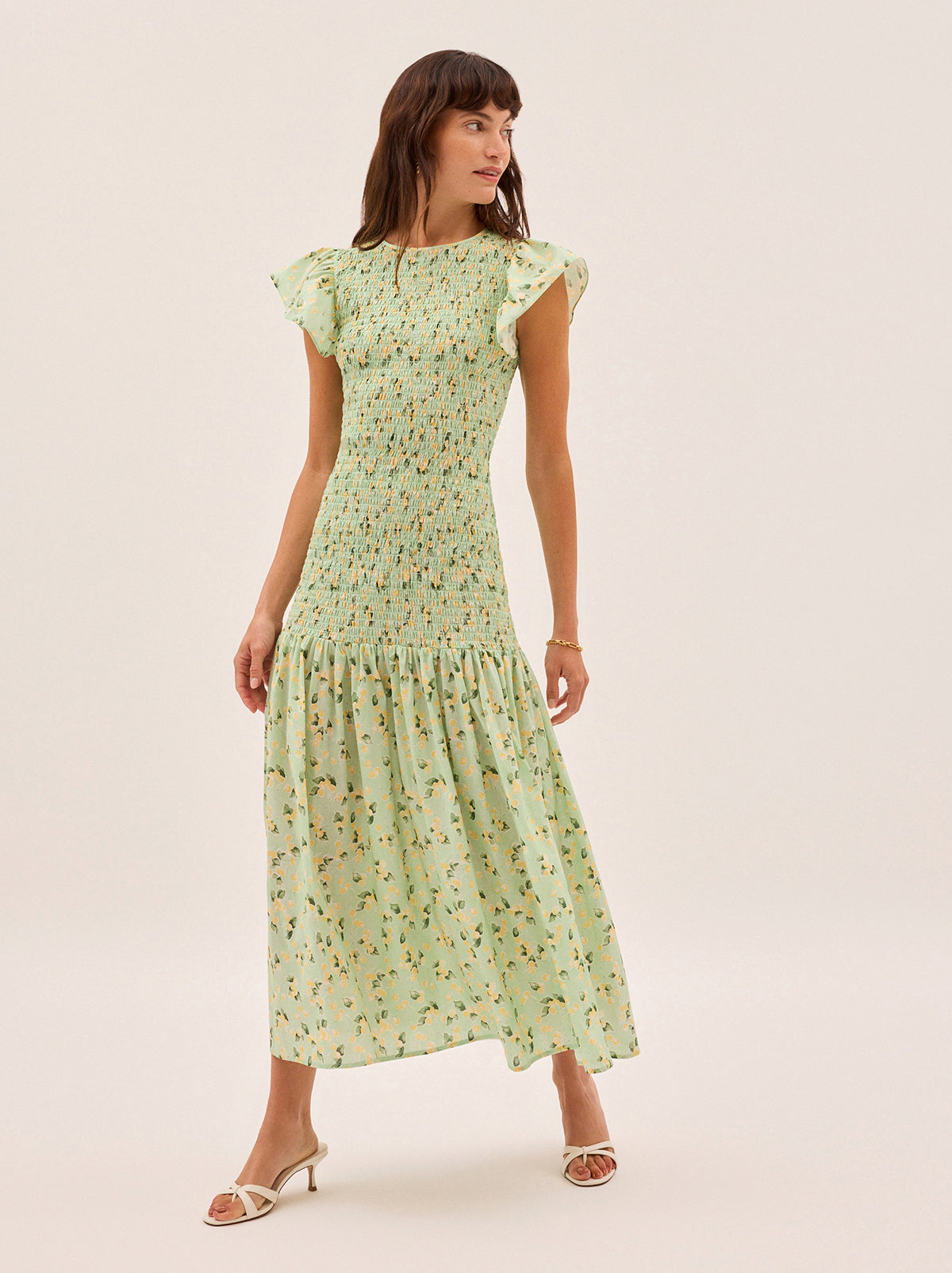 Jemima Green Cherry Print Shirred Maxi Dress By KITRI Studio