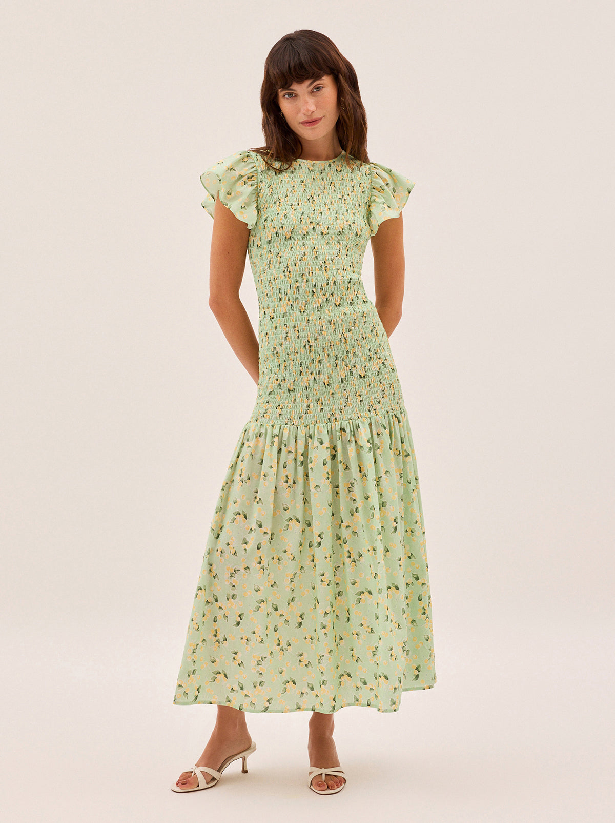 Jemima Green Cherry Print Shirred Maxi Dress By KITRI Studio