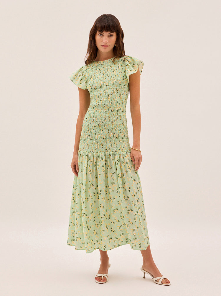 Jemima Green Cherry Print Shirred Maxi Dress By KITRI Studio