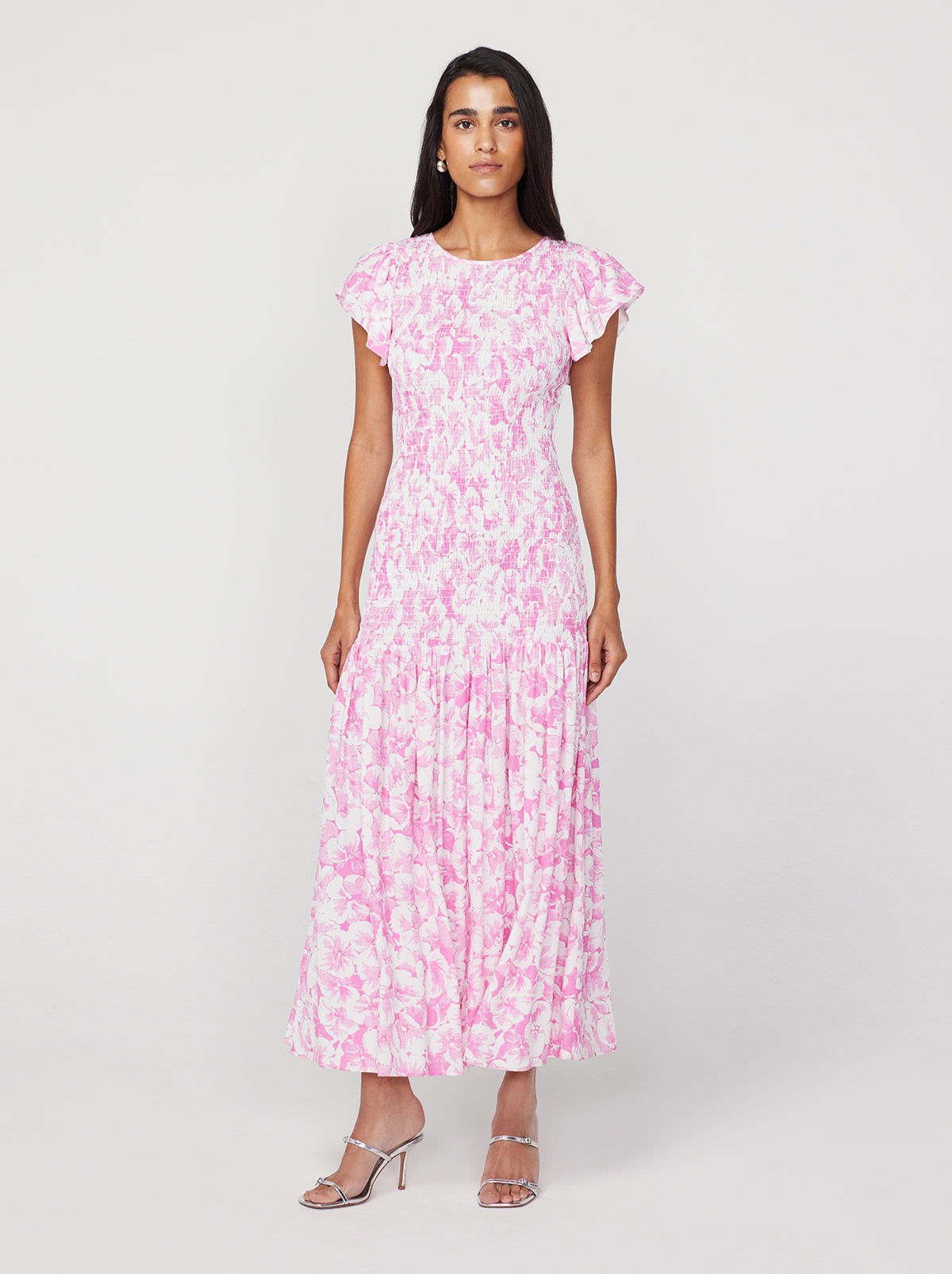 Jemima Pink Pansy Print Shirred Maxi Dress By KITRI Studio