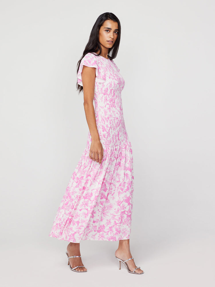 Jemima Pink Pansy Print Shirred Maxi Dress By KITRI Studio