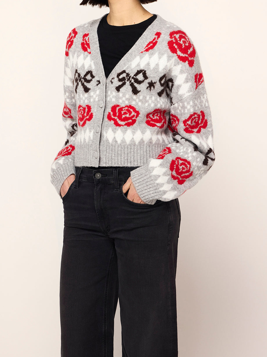 Joanne Grey Bow Fairisle Knit Cardigan By KITRI Studio