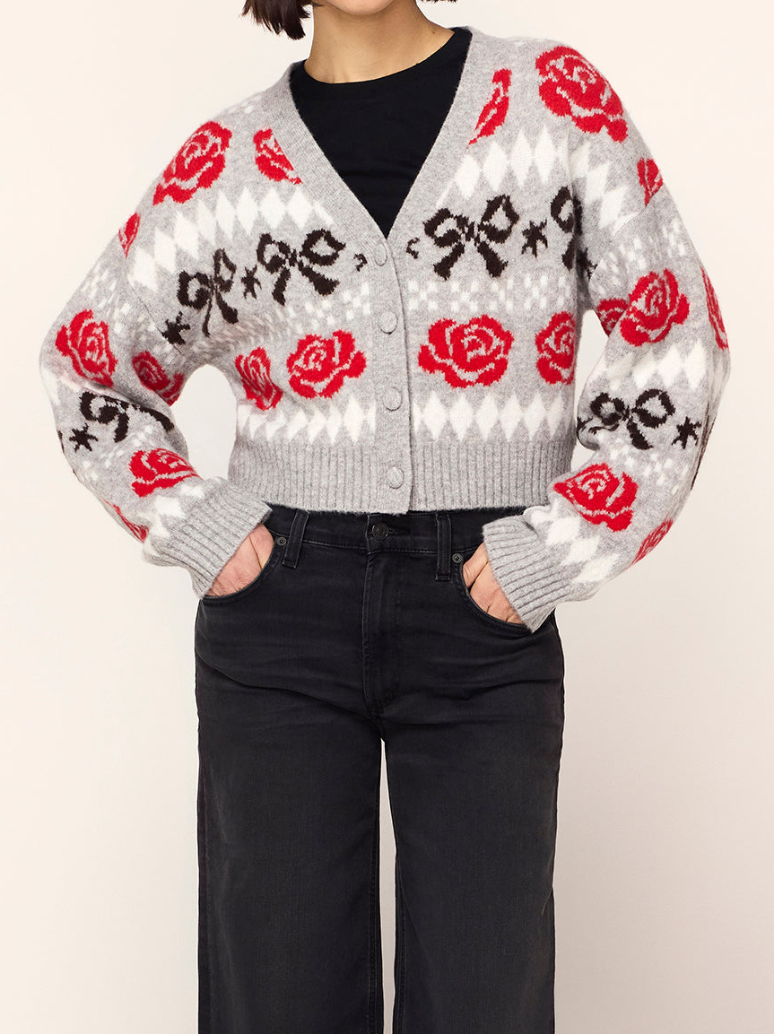 Joanne Grey Bow Fairisle Knit Cardigan By KITRI Studio