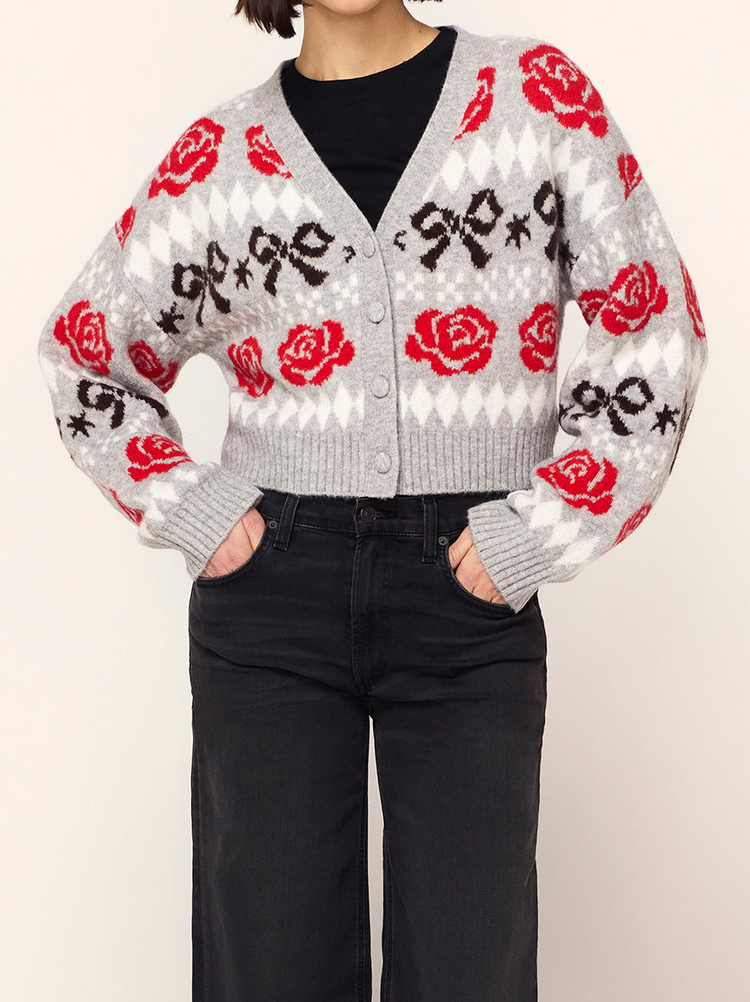 Joanne Grey Bow Fairisle Knit Cardigan By KITRI Studio