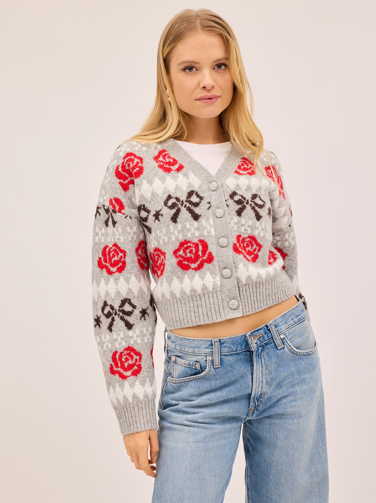 Joanne Grey Bow Fairisle Knit Cardigan By KITRI Studio