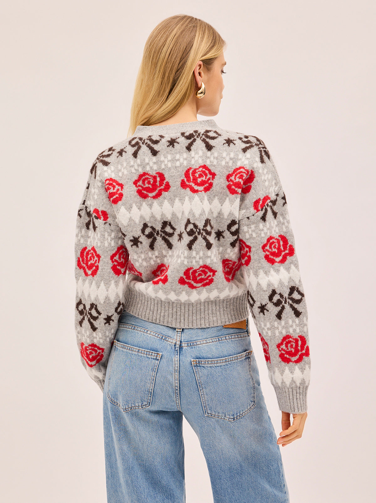 Joanne Grey Bow Fairisle Knit Cardigan By KITRI Studio