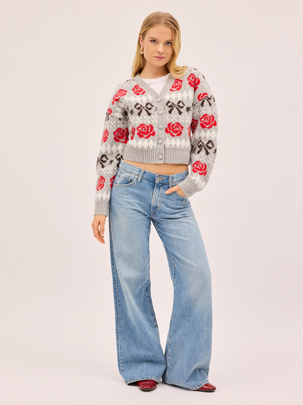 Joanne Grey Bow Fairisle Knit Cardigan By KITRI Studio