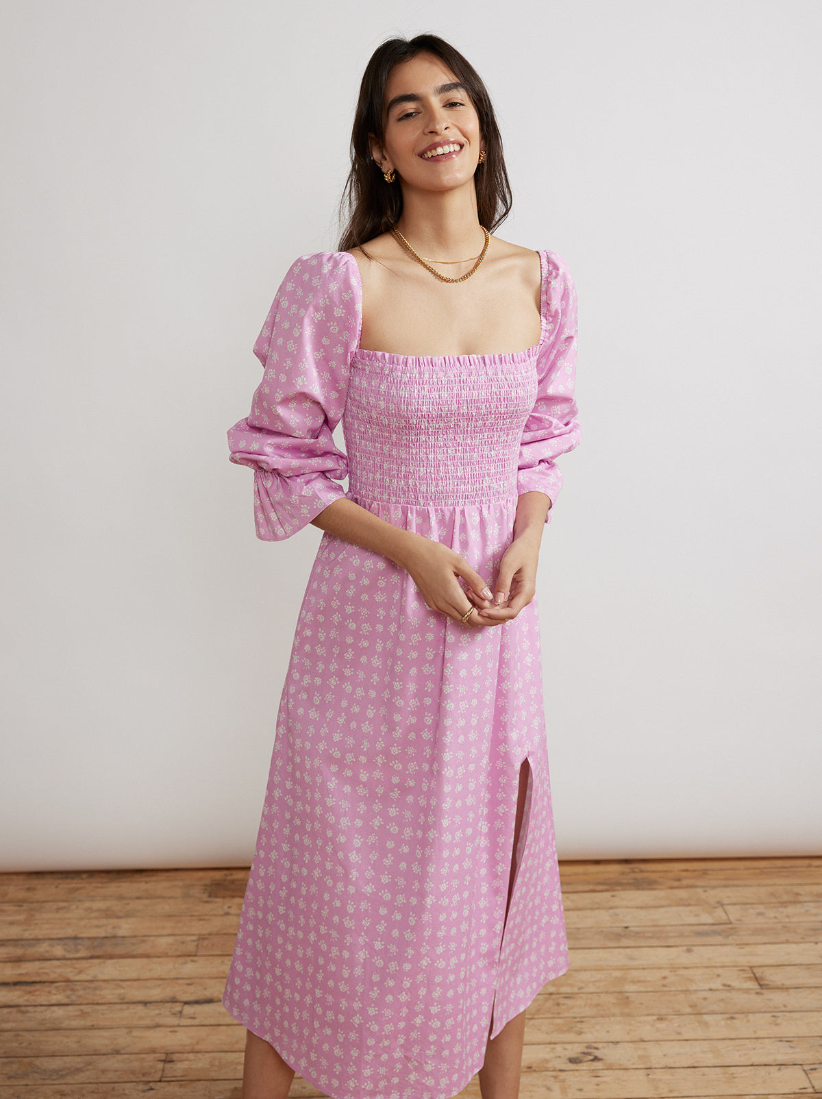 Jolene Pink Floral Shirred Cotton Dress