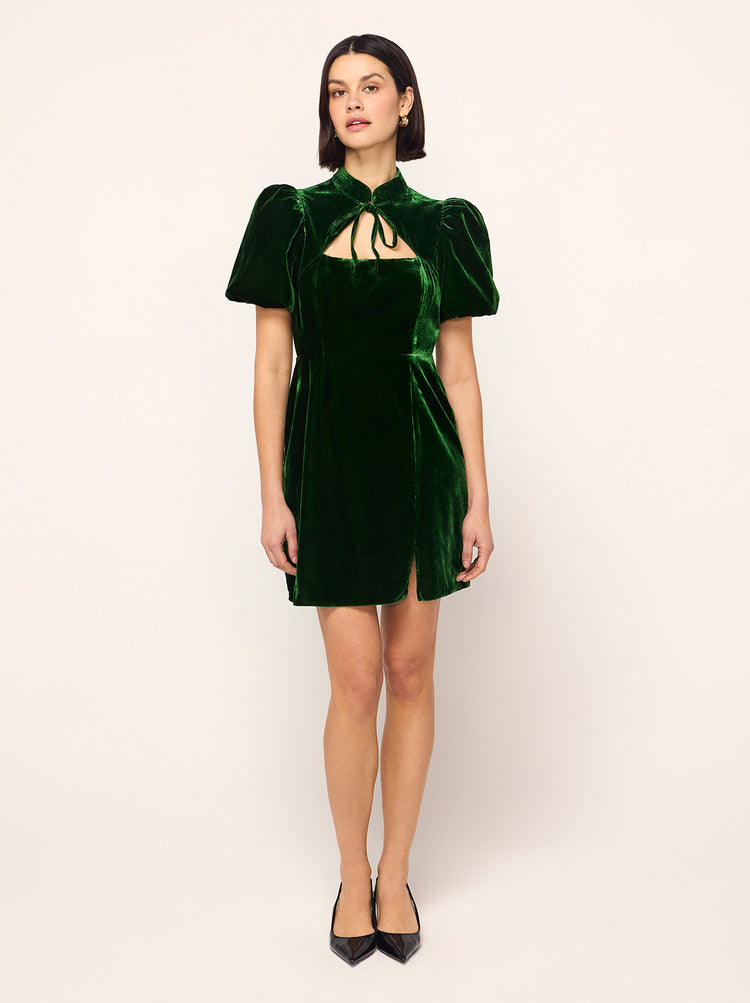 Josette Green Velvet Mini Dress - Josette is a mini velvet dress with a Cheongsam-inspired standing collar, short puff sleeves and a thigh-high split skirt. Crafted from soft forest green velvet, Josette will see you from season to season with ease.